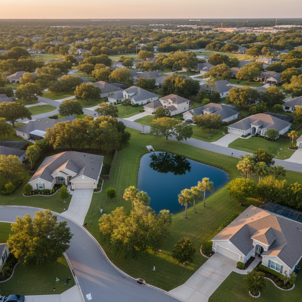 A serene aerial view of a Lake Mary neighborhood, highlighting winding residential streets lined with mature oak trees, tidy driveways, and well-kept single-family homes with varied rooflines and neutral exteriors. A small, sparkling retention pond bordered by manicured grass and native palms anchors the composition. Taken during soft early evening light, the sky glows gently, casting a warm tint over rooftops and creating long, subtle shadows that define the landscape without feeling dramatic. The photographic realism and bird’s-eye perspective provide a clear sense of community scale and layout. The overall mood is safe, established, and inviting, perfectly suited for a real estate site emphasizing Seminole County neighborhoods and local expertise.