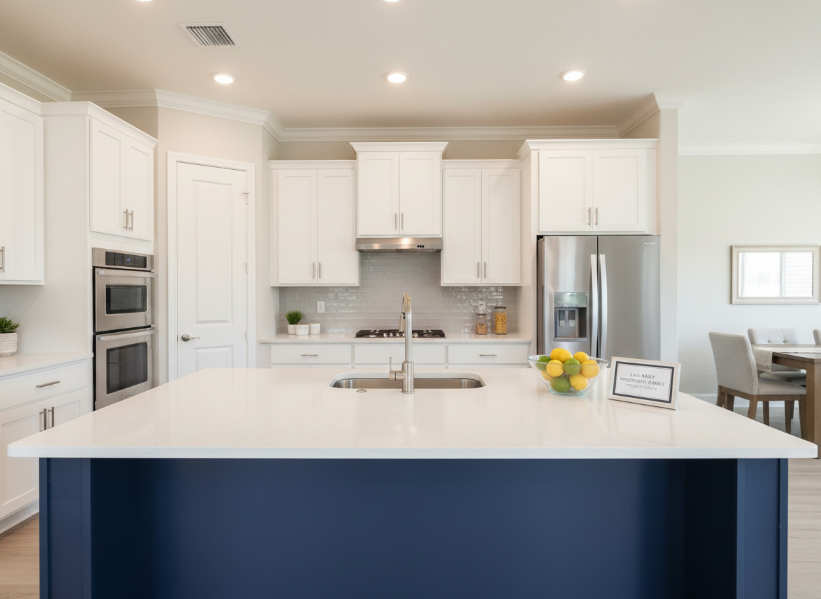 A bright, modern kitchen in a newly renovated Central Florida home, featuring white shaker cabinets with brushed nickel hardware, a large navy-blue island with waterfall quartz countertops, and stainless-steel appliances. A subtle subway tile backsplash adds texture behind the range. The kitchen opens to a glimpse of a dining area beyond, softly blurred. Diffused mid-morning natural light streams through an unseen window, reflecting off the quartz and creating clean, crisp highlights without harsh shadows. Photographed at counter height with a balanced, centered composition, the image emphasizes functionality and elegance. The mood is fresh, organized, and highly desirable, capturing photographic realism ideal for showcasing upgrade potential and resale value for Lake Mary Presidential Realty listings.