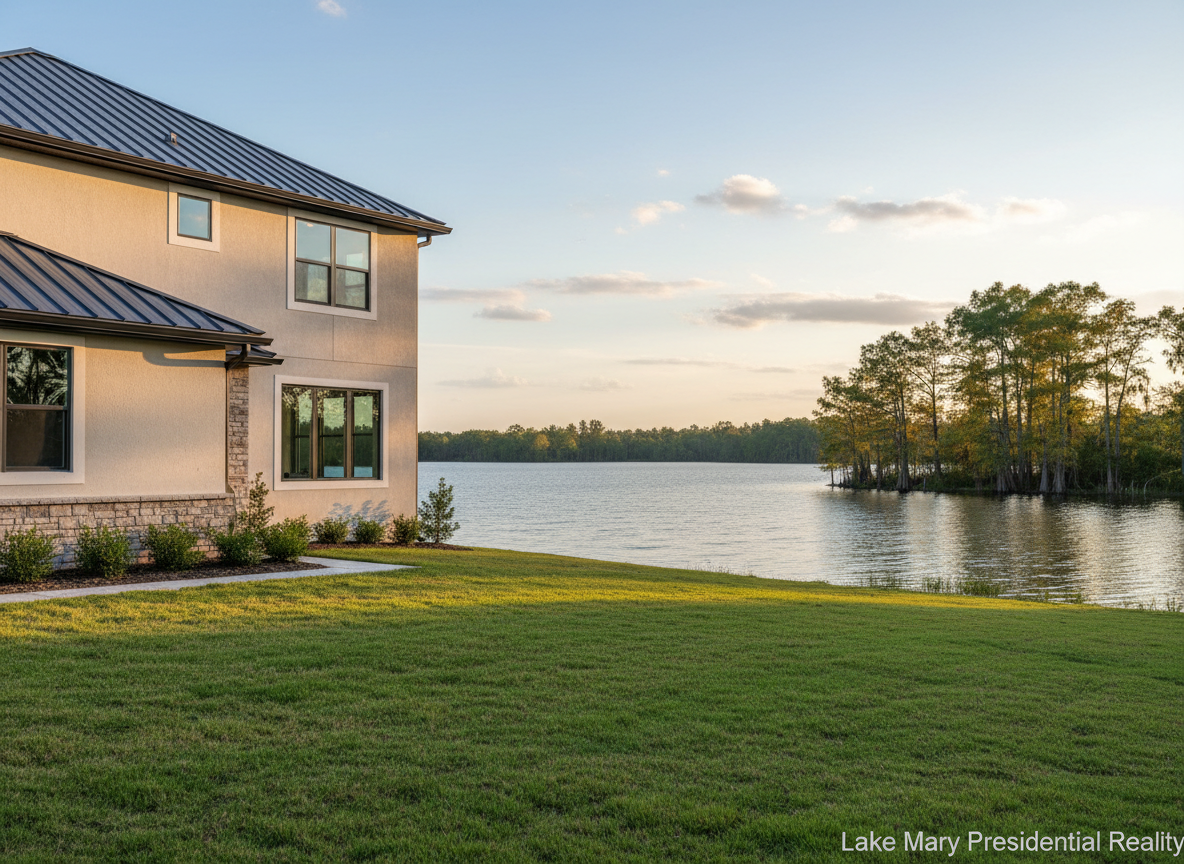 A meticulously maintained lakefront home exterior in Seminole County, Florida, featuring a contemporary two-story house with light sandstone stucco, charcoal gray metal roof, and expansive energy-efficient windows. The home sits on a manicured green lawn that gently slopes to a calm, reflective lake bordered by native cypress trees. Soft golden hour sunlight washes across the façade, creating crisp yet inviting shadows and a subtle shimmer on the water’s surface. The composition is shot at eye level with photographic realism, capturing sharp architectural details while the distant shoreline and sky softly blur. The mood is professional, welcoming, and aspirational, ideal for a high-end real estate homepage hero image for Lake Mary Presidential Realty.