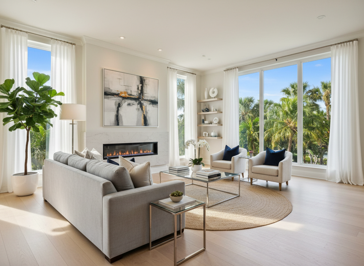 An elegant, sunlit living room staged for a high-end listing in Seminole County, with a neutral color palette of warm whites, soft grays, and subtle navy accents. A plush, light gray sectional sofa with tailored lines faces a sleek, wall-mounted fireplace framed in white quartz. Large floor-to-ceiling windows reveal a hint of lush Florida greenery outside. Soft afternoon light pours in, creating gentle highlights on the polished hardwood floors and a tasteful glass coffee table. The composition uses a slightly elevated angle with a wide lens to showcase the spaciousness, maintaining sharp focus throughout. The atmosphere is calm, refined, and move-in ready, embodying professional photographic realism suitable for a real estate services page.