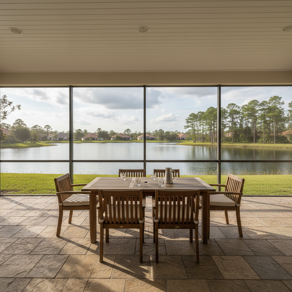 A covered Florida-style back patio overlooking a tranquil Seminole County lake, featuring a textured stone paver floor, a white tongue-and-groove ceiling with recessed lighting, and a simple outdoor dining table made of dark teak with neutral cushions on the chairs. Beyond the screened enclosure, the calm lake reflects a line of distant homes and tall pines under a soft, partly cloudy sky. Late afternoon natural light filters in, casting gentle, patterned shadows from the screen onto the floor. Captured from a low, wide-angle perspective, the image emphasizes indoor-outdoor living and the depth of the view. The photographic realism and relaxed yet refined mood make this ideal for illustrating lifestyle benefits of lakefront properties.