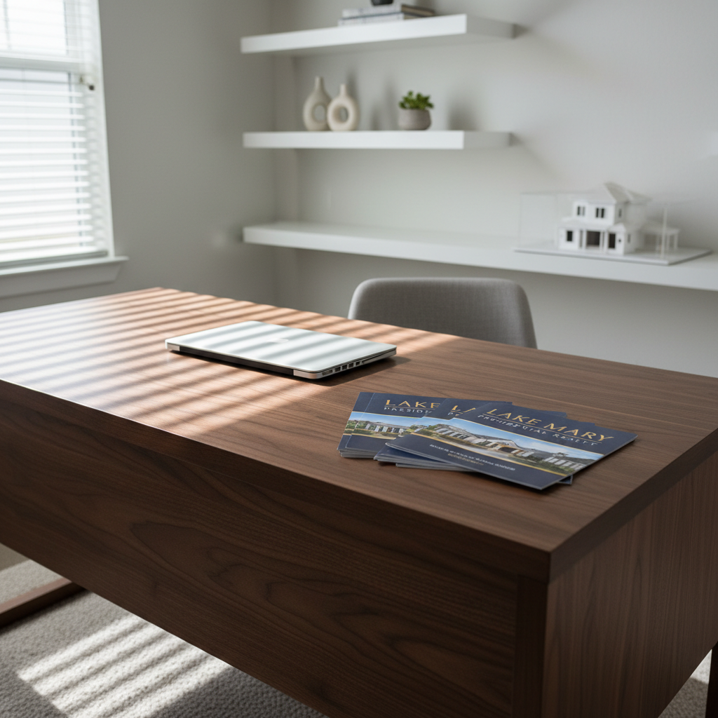 A meticulously staged home office in a Seminole County residence, featuring a dark walnut desk with clean, modern lines, a closed laptop, and a neatly arranged stack of real estate brochures branded with Lake Mary Presidential Realty colors of navy and gold. Behind the desk, built-in white shelving displays a few tasteful decor items and a small model of a house. Soft, indirect natural light from a side window creates gentle shadows and a professional, focused atmosphere. Shot from a slightly angled, eye-level perspective with shallow depth of field, the desk and brochures are in crisp focus while the shelves blur subtly. The style is clean, modern, and photographic, conveying organization, trust, and the business side of home sales without showing any people.